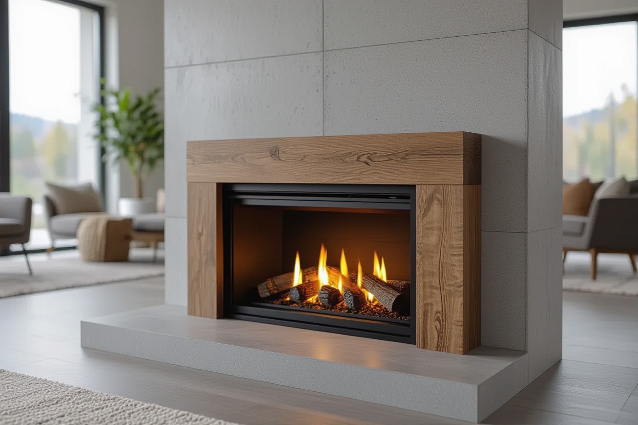 elegant wood fireplace with gas logs